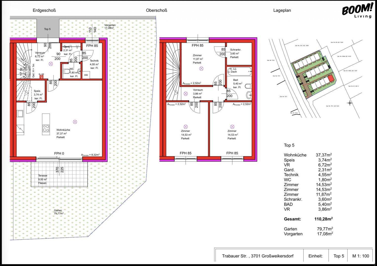 Detaillierter Grundriss des Erd- und Obergeschosses sowie ein Lageplan der Wohnanlage.