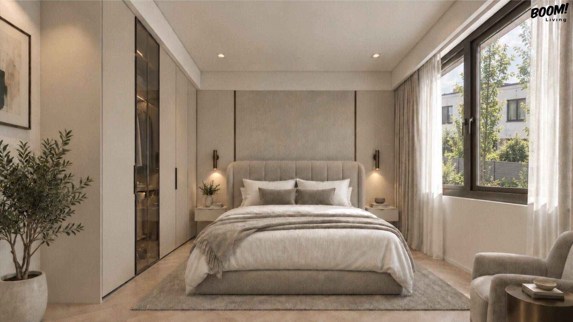 Elegantes Schlafzimmer mit Einbauschränken, großem Bett und Blick auf die Nachbargebäude.