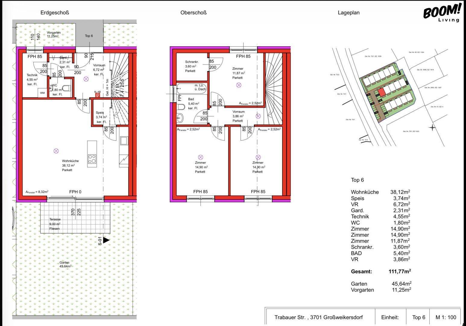 Detaillierter Grundriss des Erd- und Obergeschosses sowie des Lageplans der Immobilie.