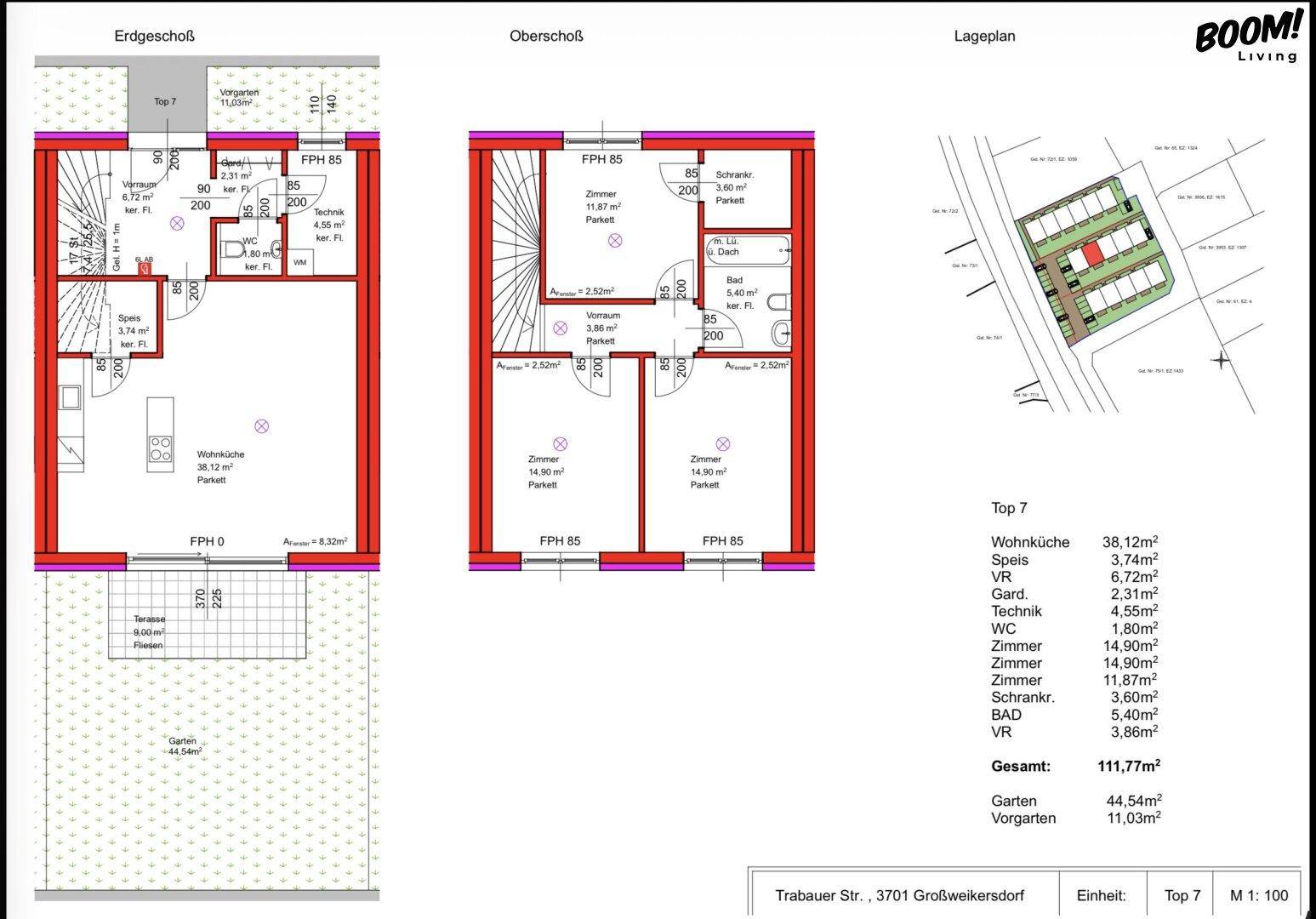 Detaillierter Grundriss mit Erdgeschoss, Obergeschoss und Lageplan des Hauses.
