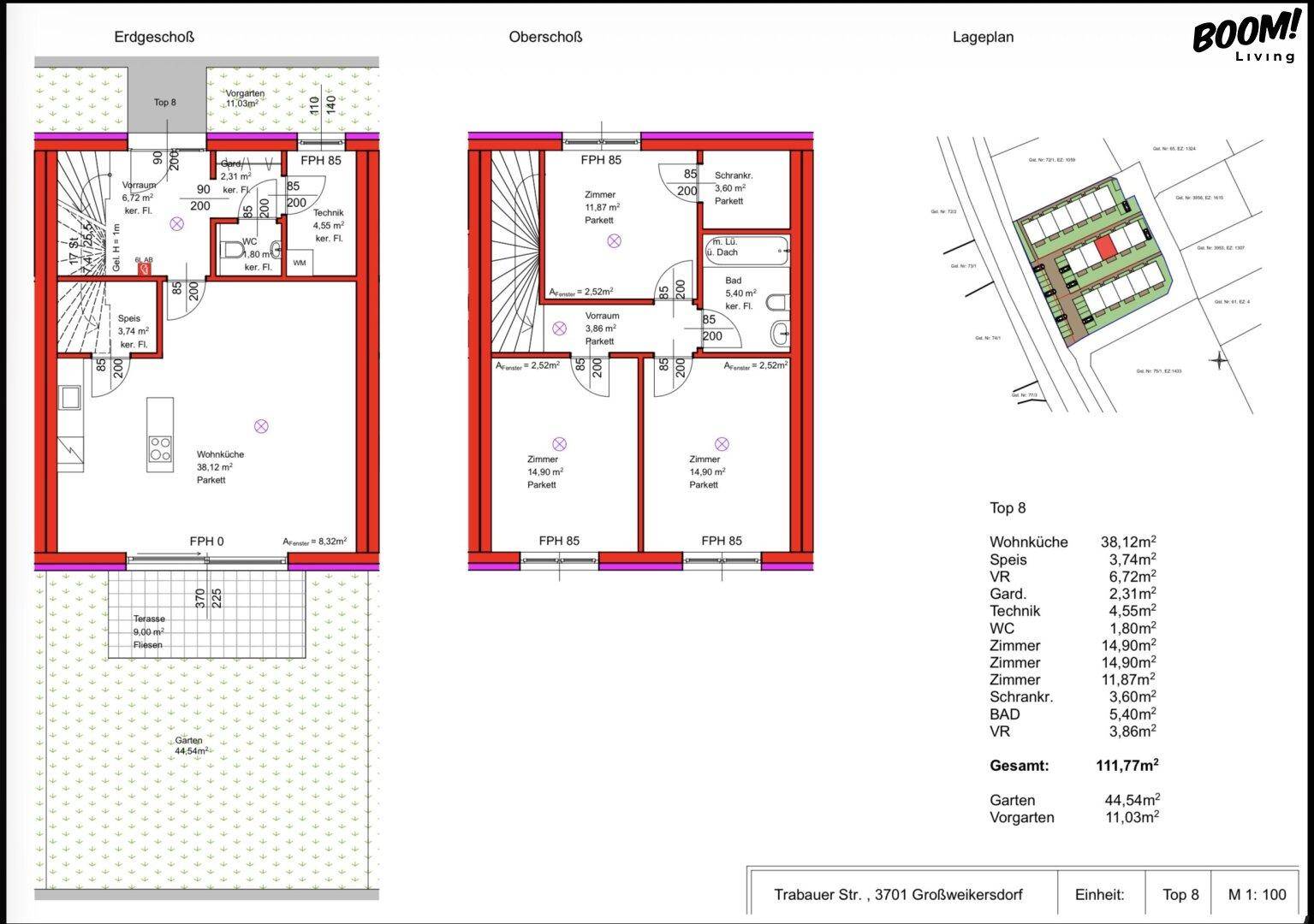 Grundrisspläne für Erdgeschoss und Obergeschoss mit Garten, Terrasse und Balkon.