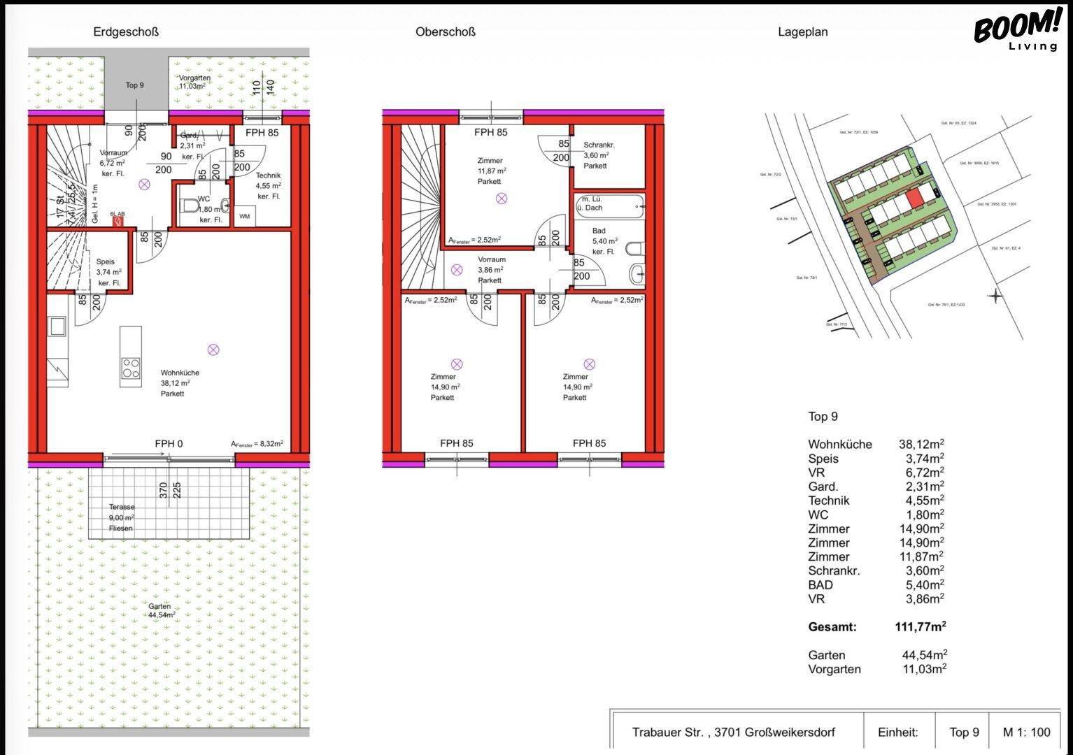 Detaillierter Grundriss mit Erdgeschoss, Obergeschoss und Lageplan des Anwesens.