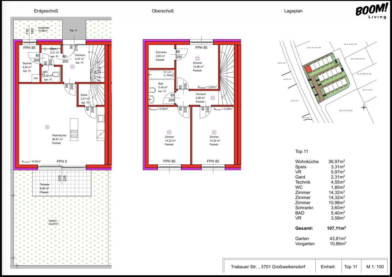Grundriss des Erd- und Obergeschosses mit Raumaufteilung und Lageplan der Reihenhäuser.