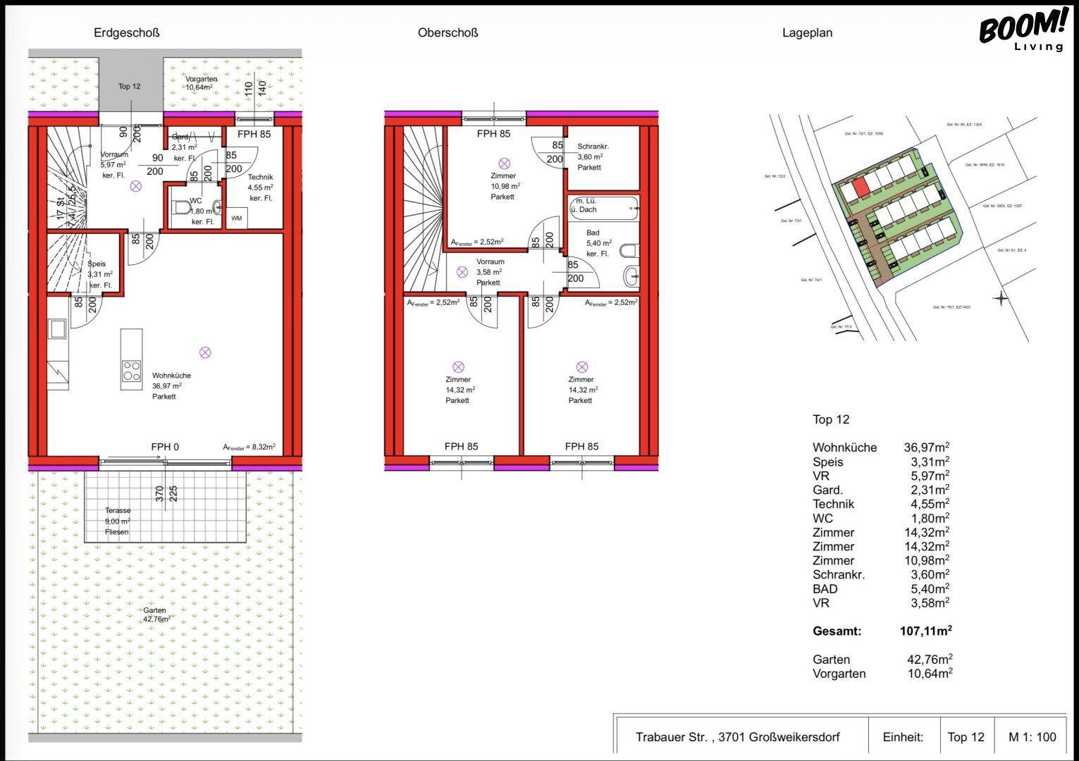Detaillierter Grundriss mit Erdgeschoss, Obergeschoss und Lageplan, inklusive Flächenangaben.