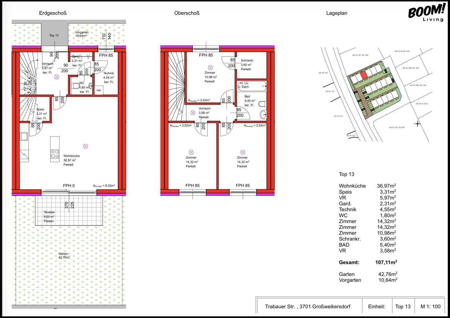 Detaillierter Grundriss mit Erdgeschoss, Obergeschoss und Lageplan der Reihenhäuser.