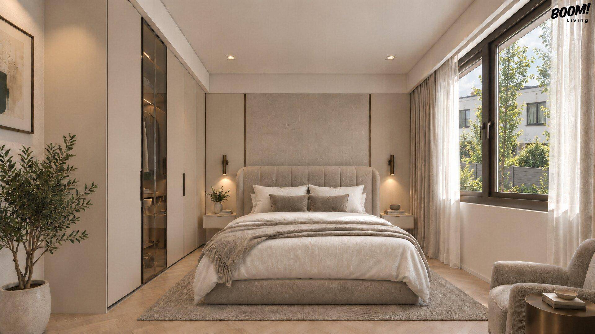 Geräumiges Schlafzimmer mit großem Bett, Einbauschränken und viel natürlichem Licht.