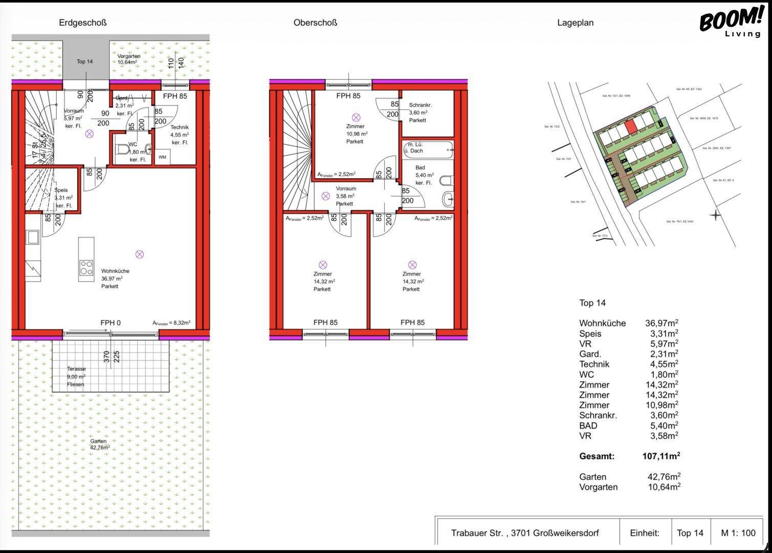 Grundriss des Erd- und Obergeschosses mit Garten, Balkon und Lageplan der Reihenhäuser.
