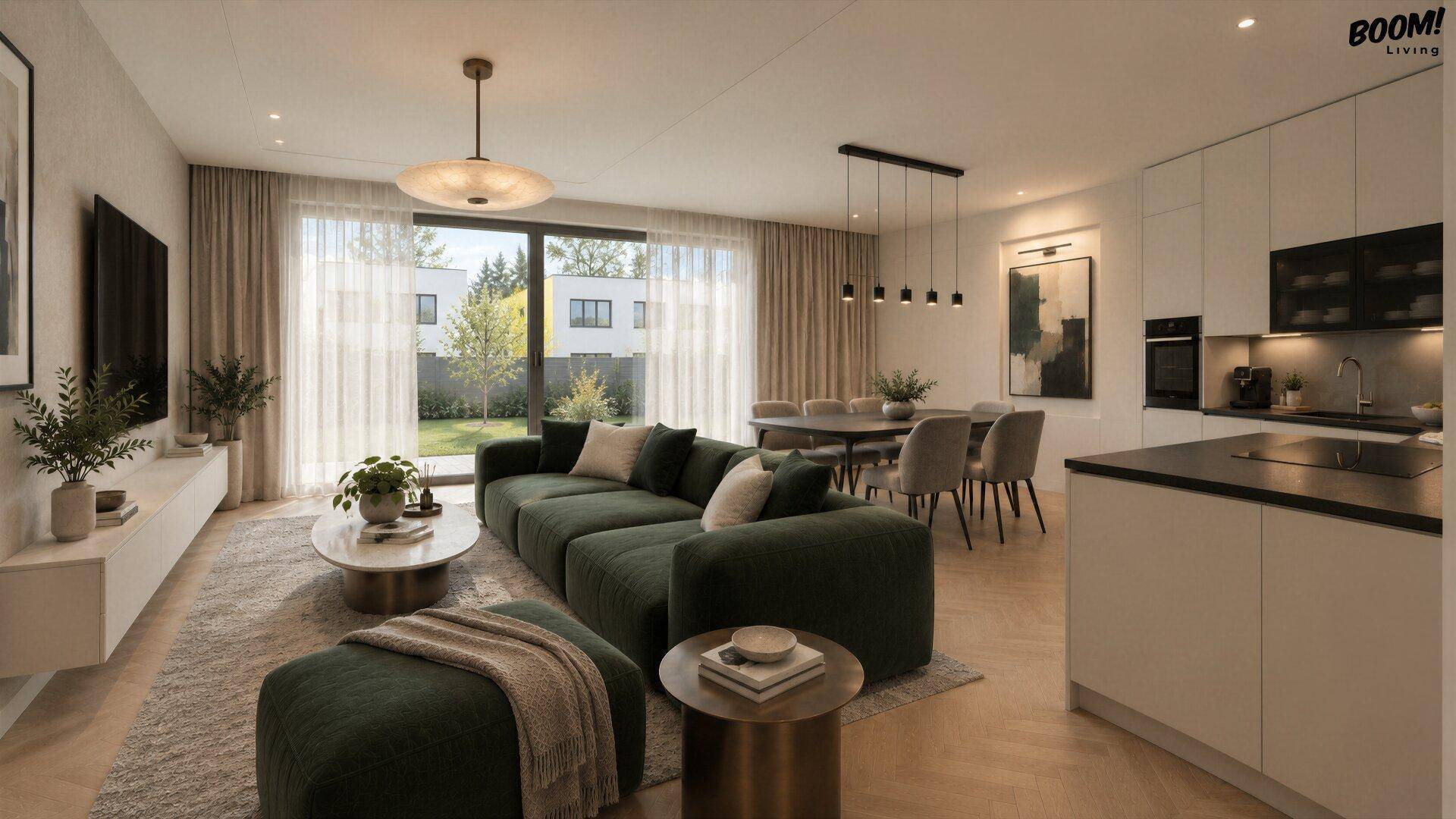Offener Wohn-Essbereich mit integrierter Küche, modernem Design und Blick in den Garten.