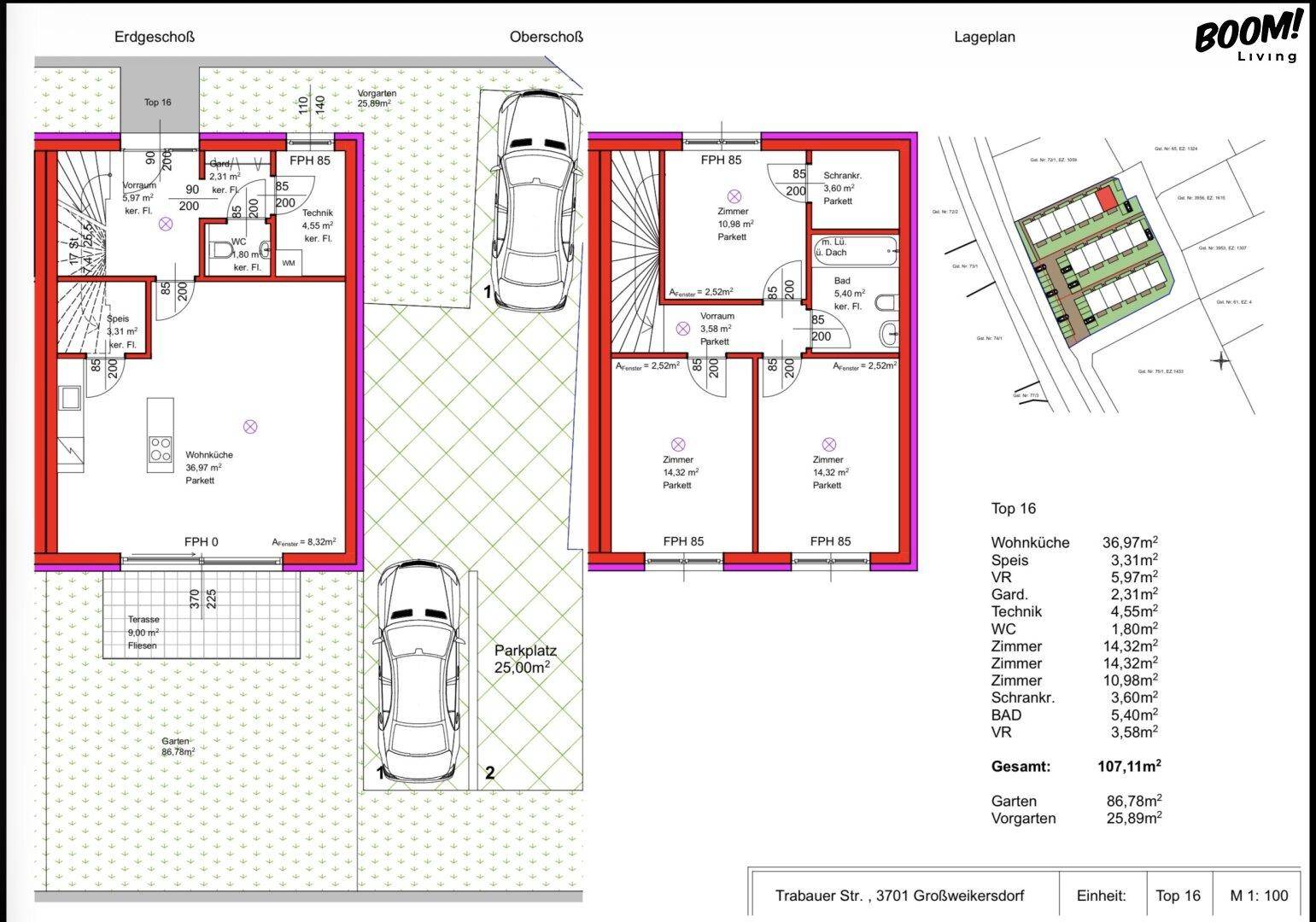 Detaillierter Grundriss mit Erd- und Obergeschoss, Parkplätzen und Gartenbereich.