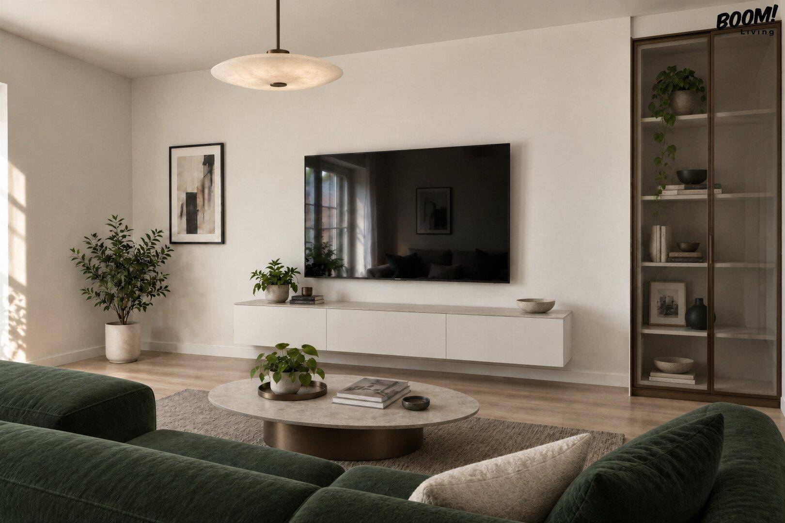 Detailansicht des Wohnzimmers mit elegantem Mediamöbel, großem Fernseher und stilvoller Dekoration.