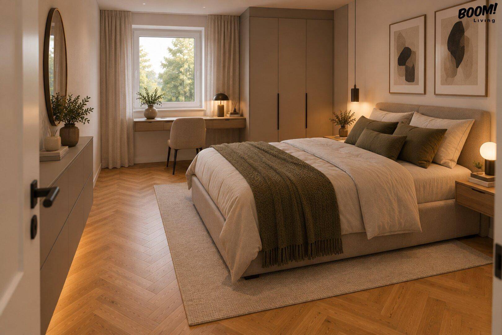 Gemütliches Schlafzimmer mit Parkettboden, großem Fenster und integrierten Kleiderschränken.