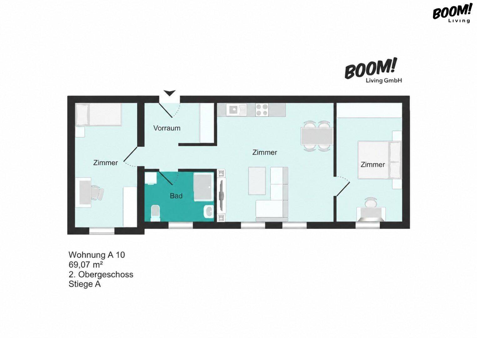 Grundriss einer 69,07 m² großen Wohnung mit drei Zimmern und einem Bad im 2. Obergeschoss.