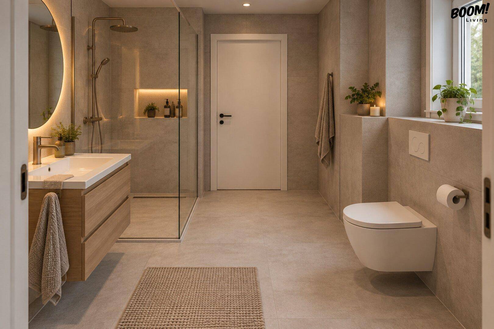 Modernes Badezimmer mit begehbarer Dusche, schwebendem Waschtisch und großformatigen Fliesen.