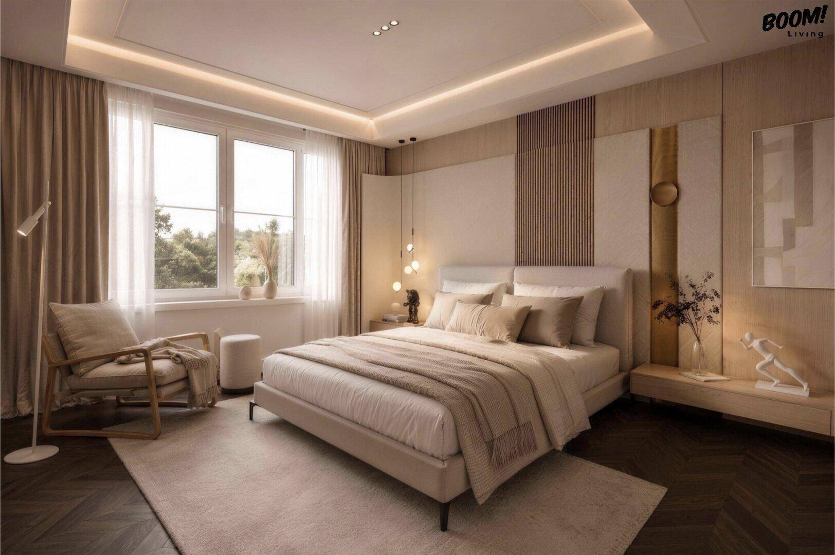 Helles Schlafzimmer mit gemütlichem Bett, Lesesessel und indirekter Deckenbeleuchtung für entspannte Abende.