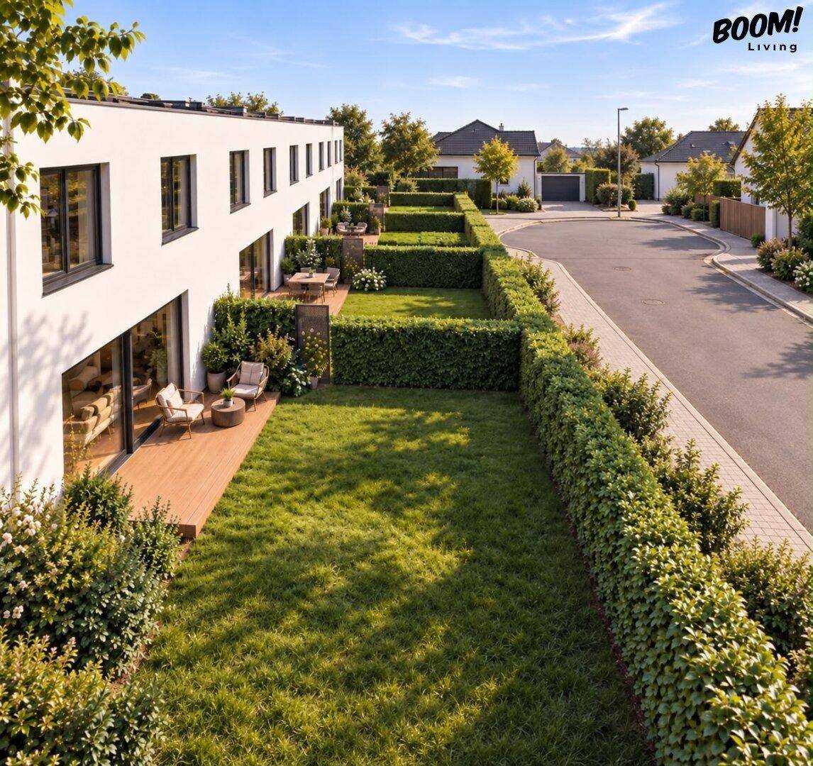 Reihe moderner Häuser mit gepflegten Gärten, Hecken und Terrassenbereichen in sonniger Lage.