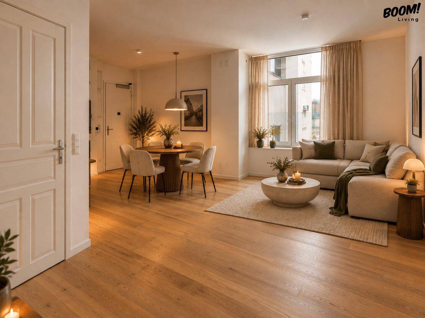 Gemütlicher Wohn-Essbereich mit modernem Interieur, Parkettboden und viel Tageslicht.