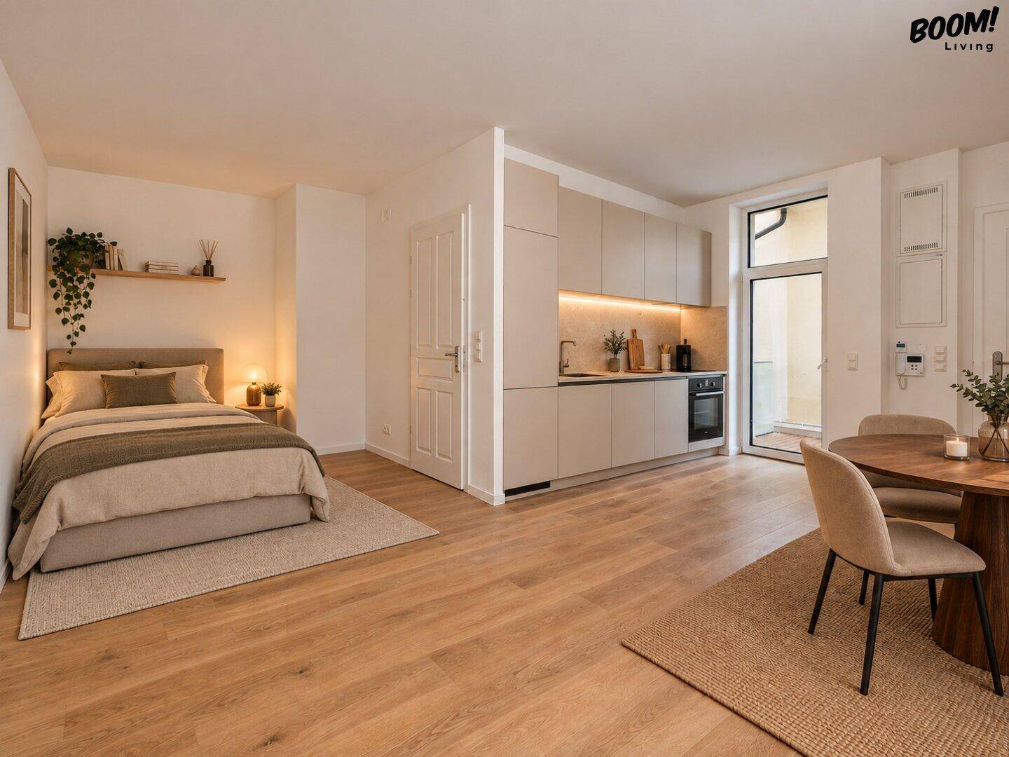 Modernes Studio-Apartment mit integrierter Küchenzeile, Schlafbereich und Zugang zum Außenbereich.