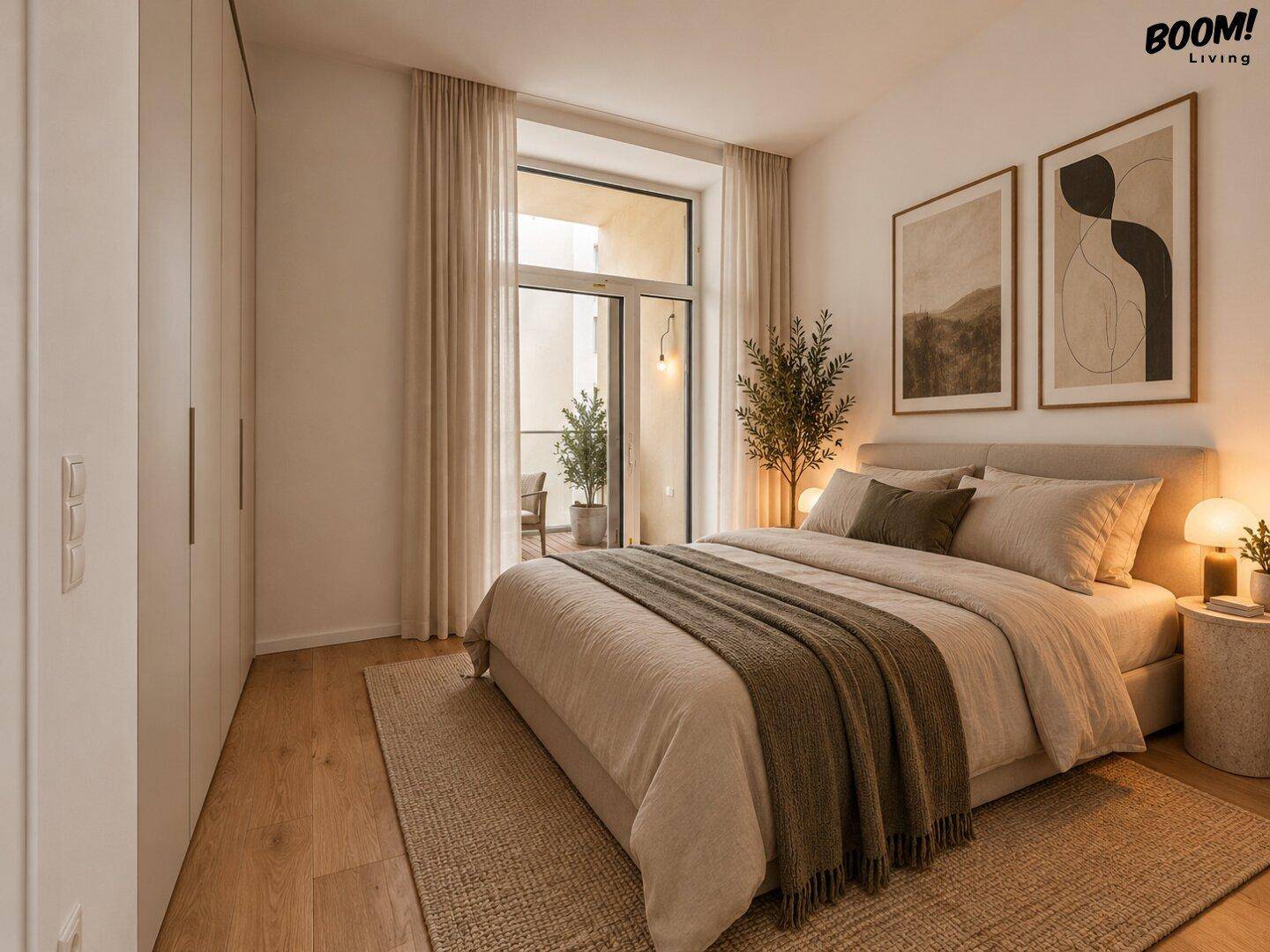 Gemütliches Schlafzimmer mit Zugang zum Balkon, hellem Holzboden und modernen Kunstwerken an der Wand.