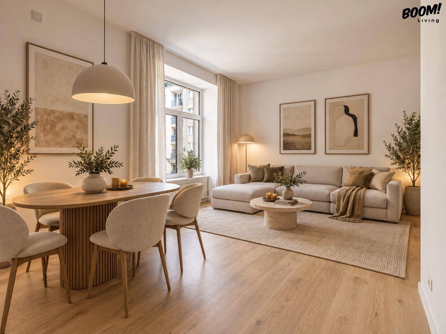Gemütlicher Wohn-Essbereich mit Holzboden, großem Fenster und moderner Einrichtung.