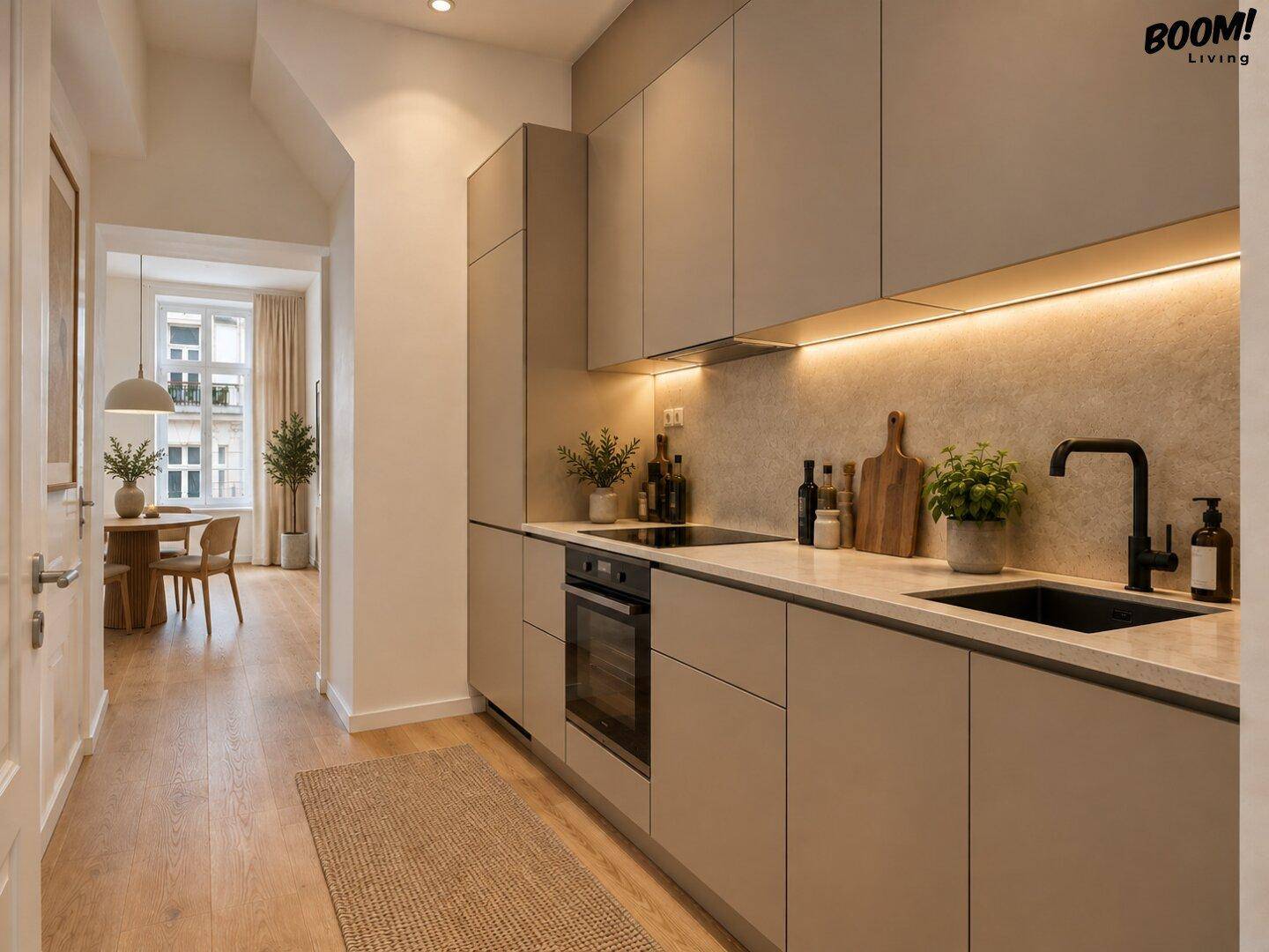 Moderne Einbauküche in Beige mit integrierten Geräten und Blick auf den Essbereich mit Fenster.