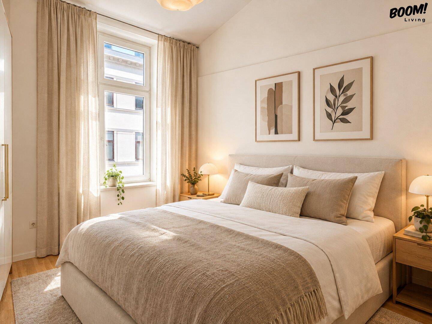 Gemütliches Schlafzimmer mit Doppelbett, Nachttischen und viel natürlichem Licht durch das Fenster.