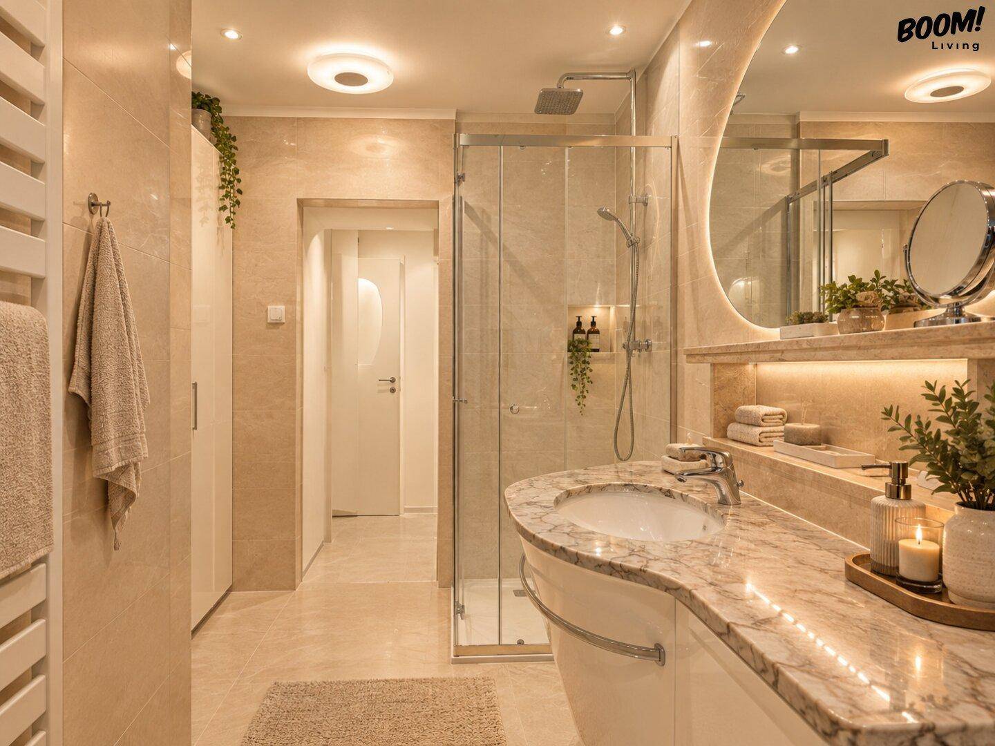 Modernes Badezimmer mit Marmorwaschtisch, begehbarer Dusche und indirekter Beleuchtung.