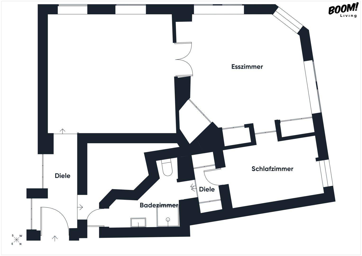 Grundriss der Wohnung mit Esszimmer, Schlafzimmer, Bad und Diele.