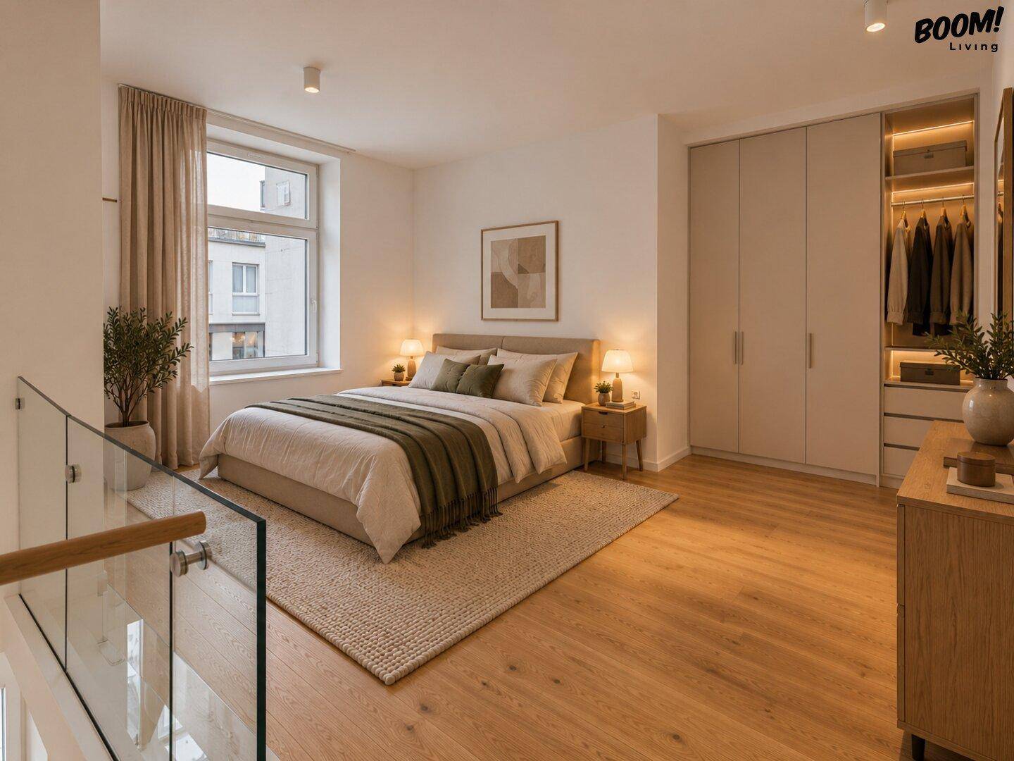 Modernes Schlafzimmer mit Holzboden, großem Fenster und integriertem Kleiderschrank für viel Stauraum.