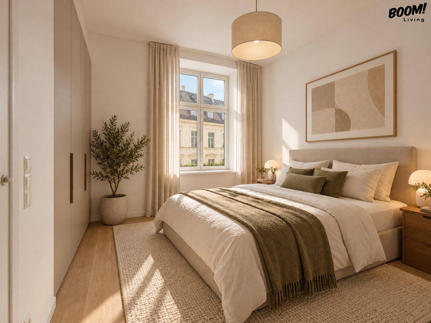 Modernes Schlafzimmer mit großem Bett, Holzboden und einem Fenster, das viel Licht spendet.