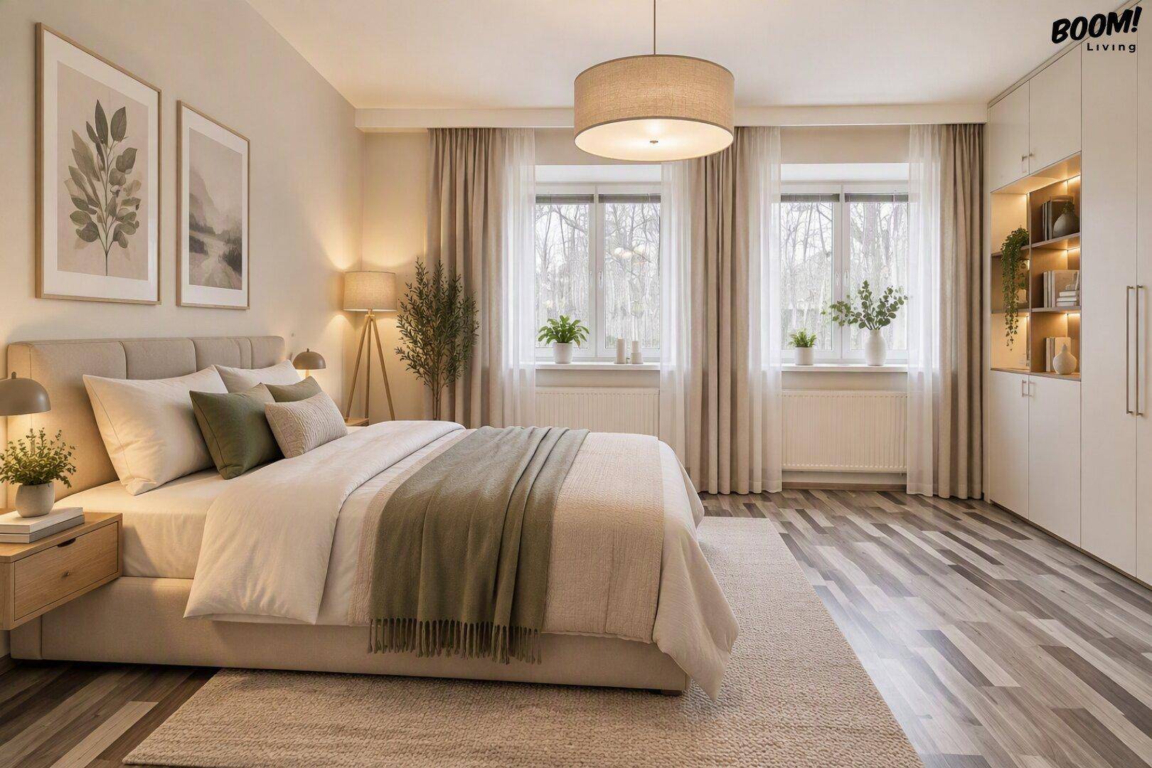Modernes Schlafzimmer mit großem Bett, neutraler Dekoration und praktischen Einbauschränken.