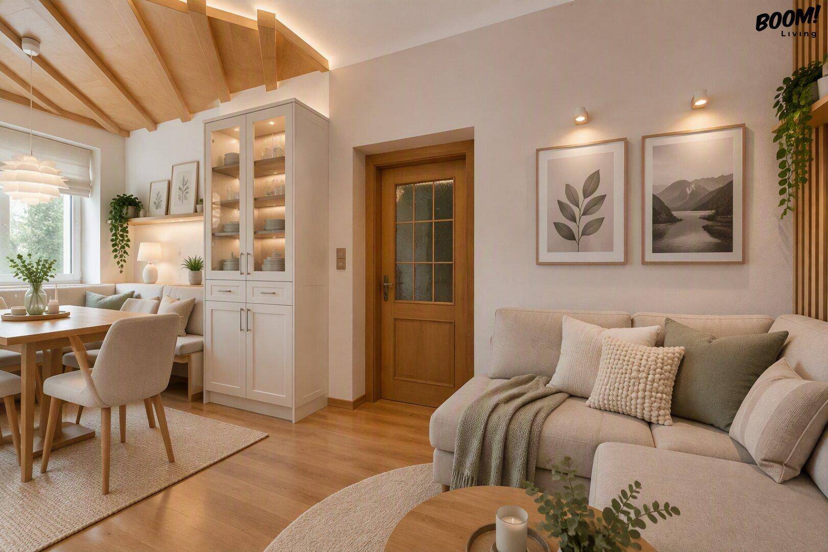 Offener Wohn- und Essbereich mit Holzbalkendecke, beigem Sofa und modernem Design.