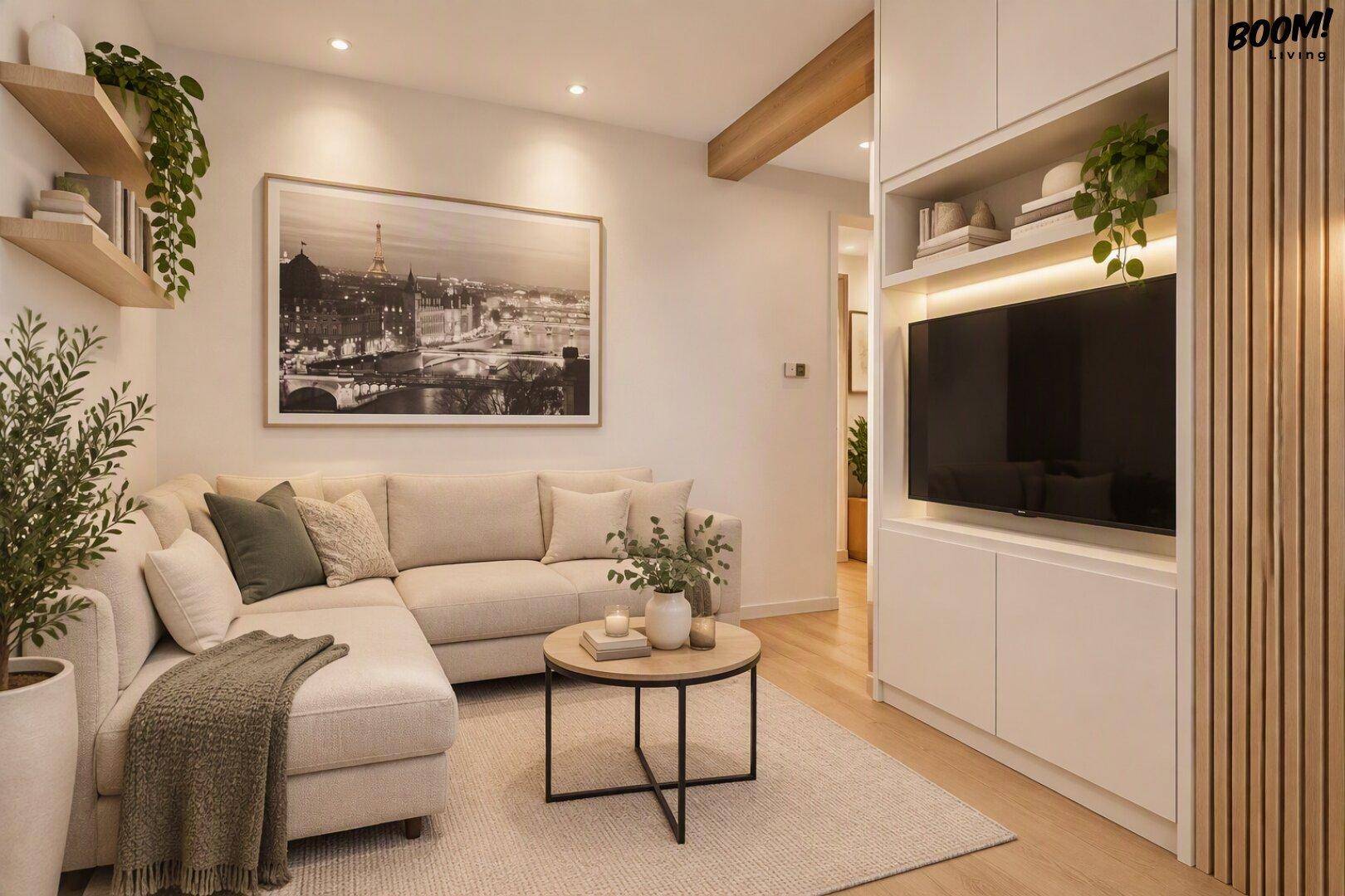 Heller Wohnbereich mit großem Ecksofa, modernem Couchtisch und integriertem TV-Möbel.