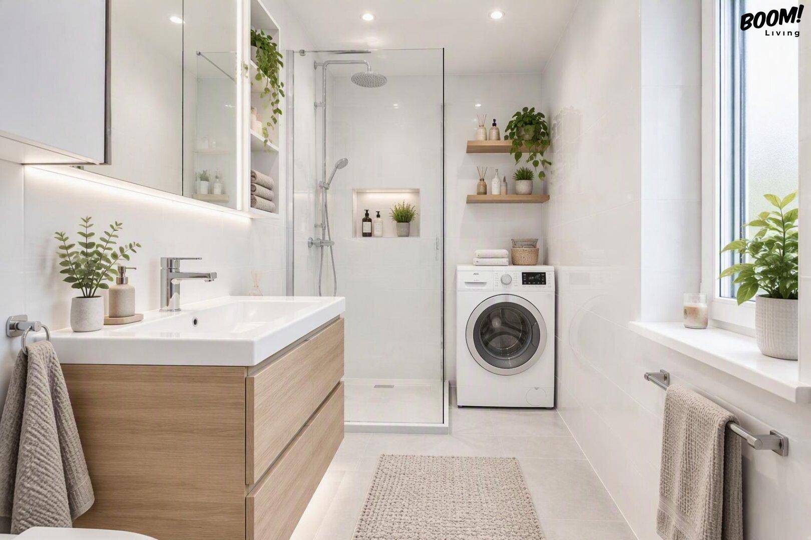 Modernes Badezimmer mit ebenerdiger Dusche, Waschbecken und integrierter Waschmaschine.