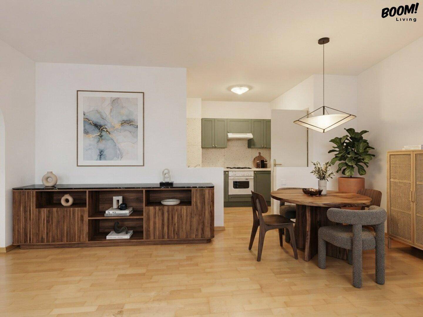 Moderner Essbereich mit Holztisch und Blick auf die teilweise offene Küche.