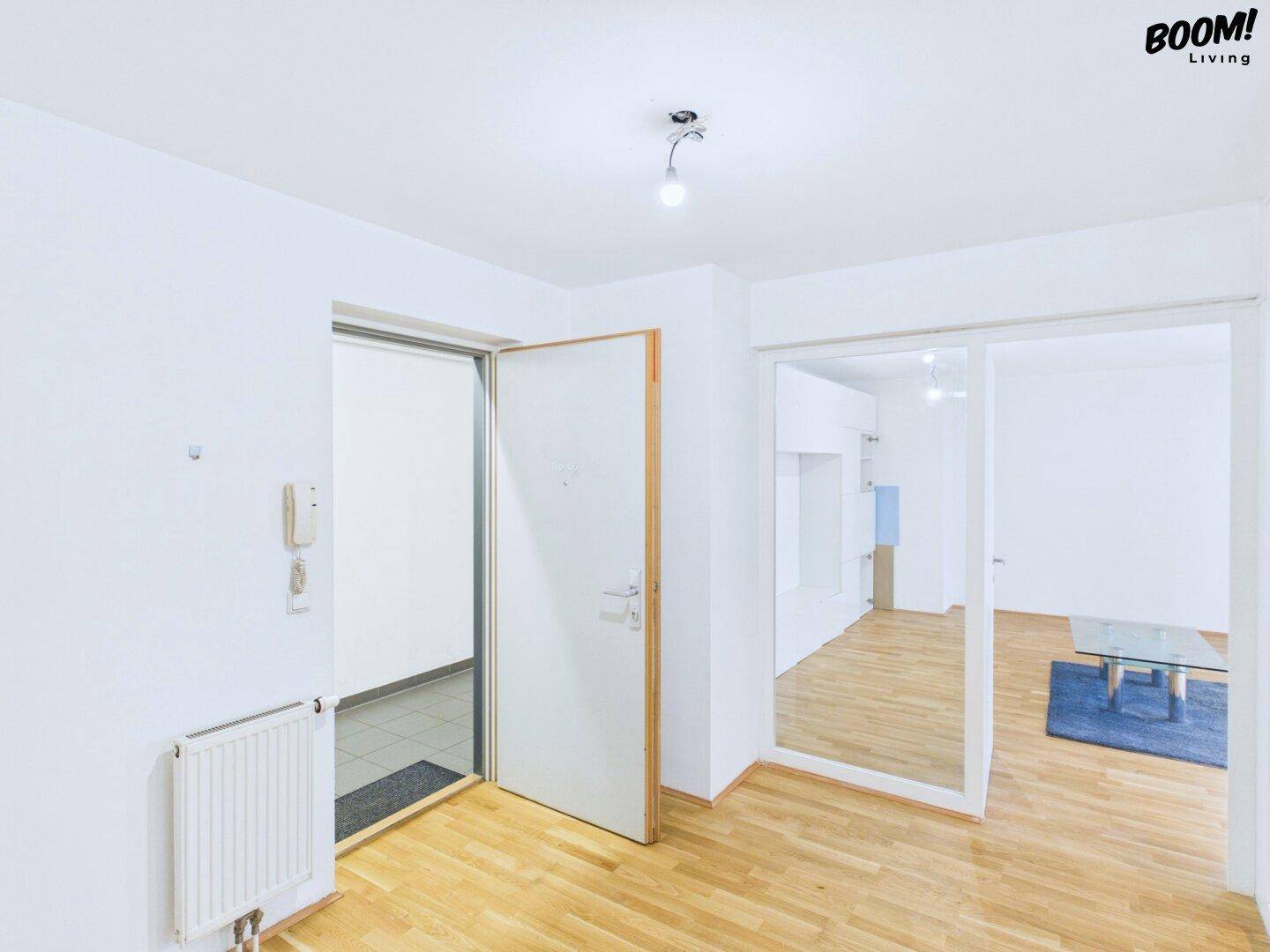 Geräumiger Eingangsbereich mit Parkettboden und Zugang zum leeren Wohnzimmer.