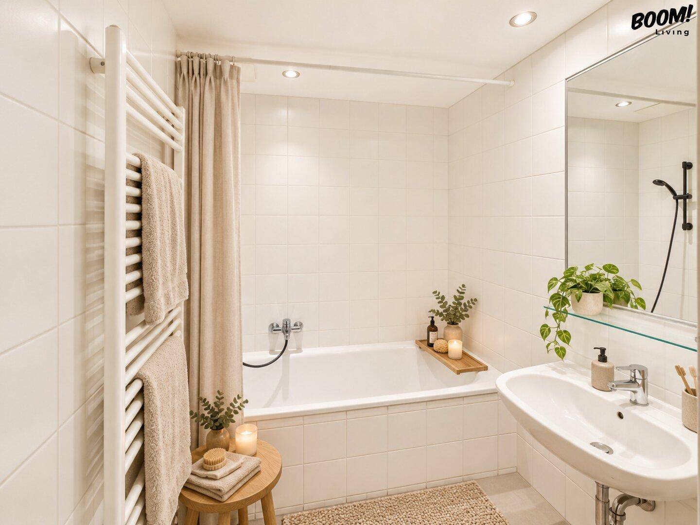 Modernes Badezimmer mit Badewanne, Waschbecken und beheiztem Handtuchhalter.