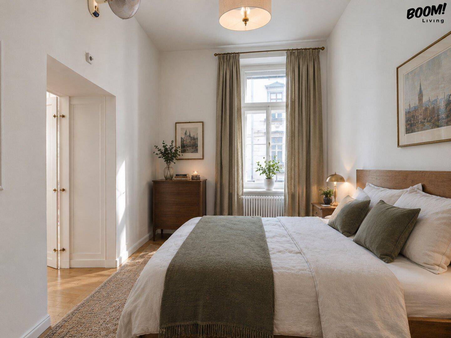 Gemütliches Schlafzimmer mit Doppelbett, Holzboden und Fenster, das viel natürliches Licht hereinlässt.