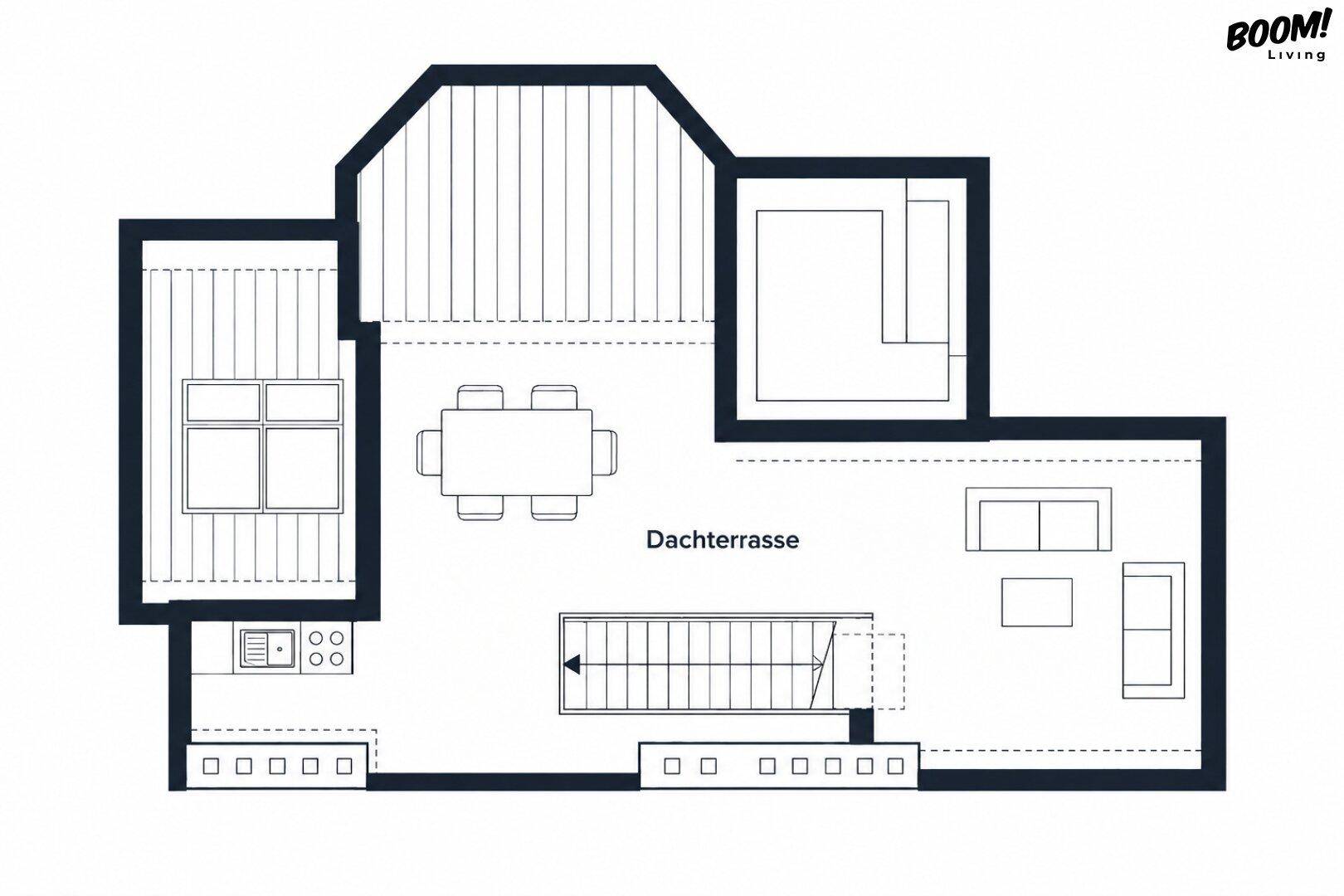 Grundriss der oberen Ebene mit großer Dachterrasse und zusätzlichem Wohn- oder Schlafbereich.