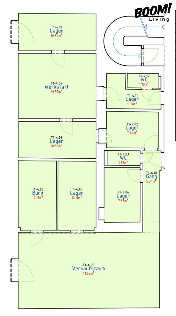 Grundrissplan mit verschiedenen Büros, Lagerräumen, Werkstatt und Verkaufsraum.