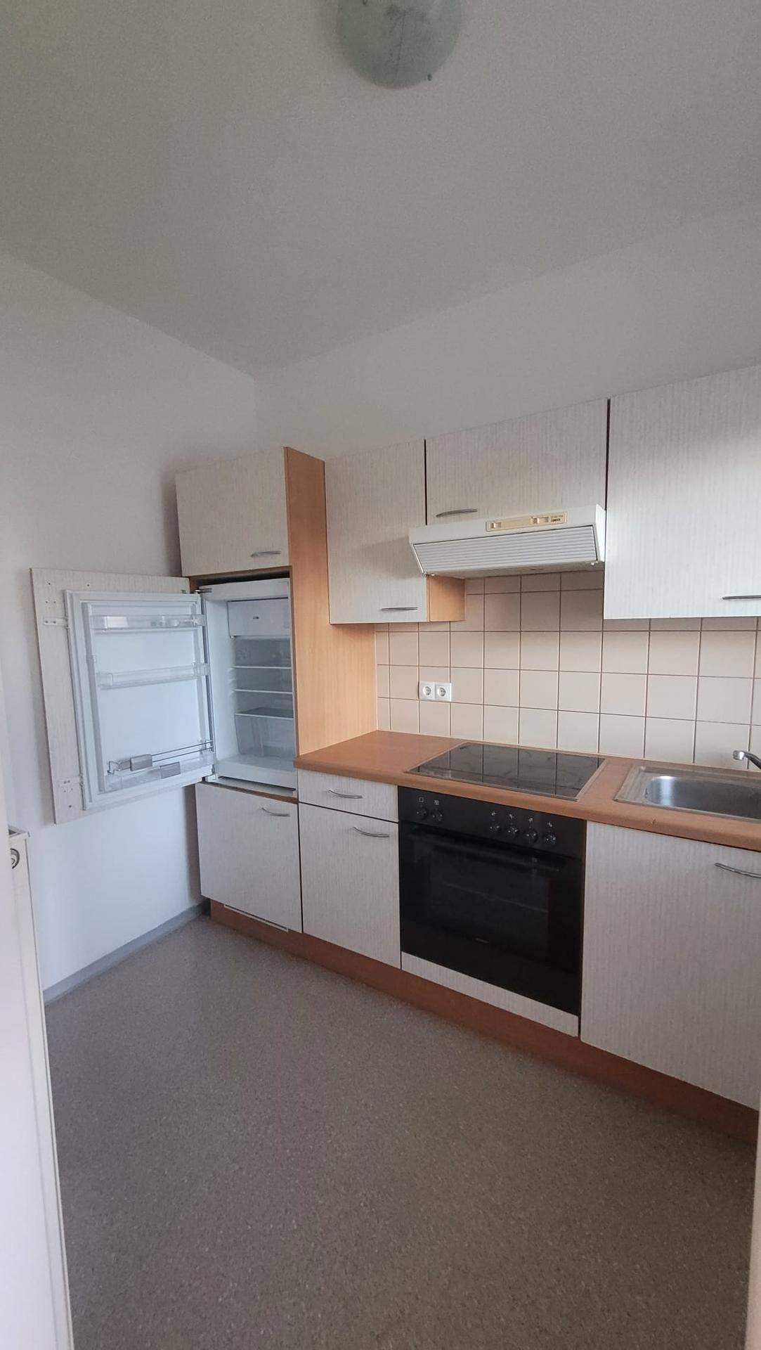 Funktionale Küche mit integriertem Kühlschrank, Kochfeld und Backofen, bereit zur Nutzung.