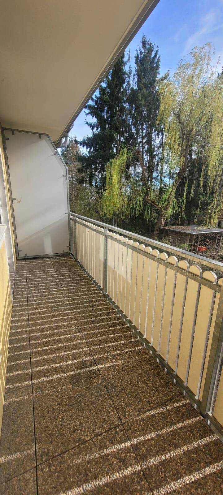 Geräumiger Balkon mit Fliesenboden und Blick auf hohe Bäume, ideal zum Entspannen.