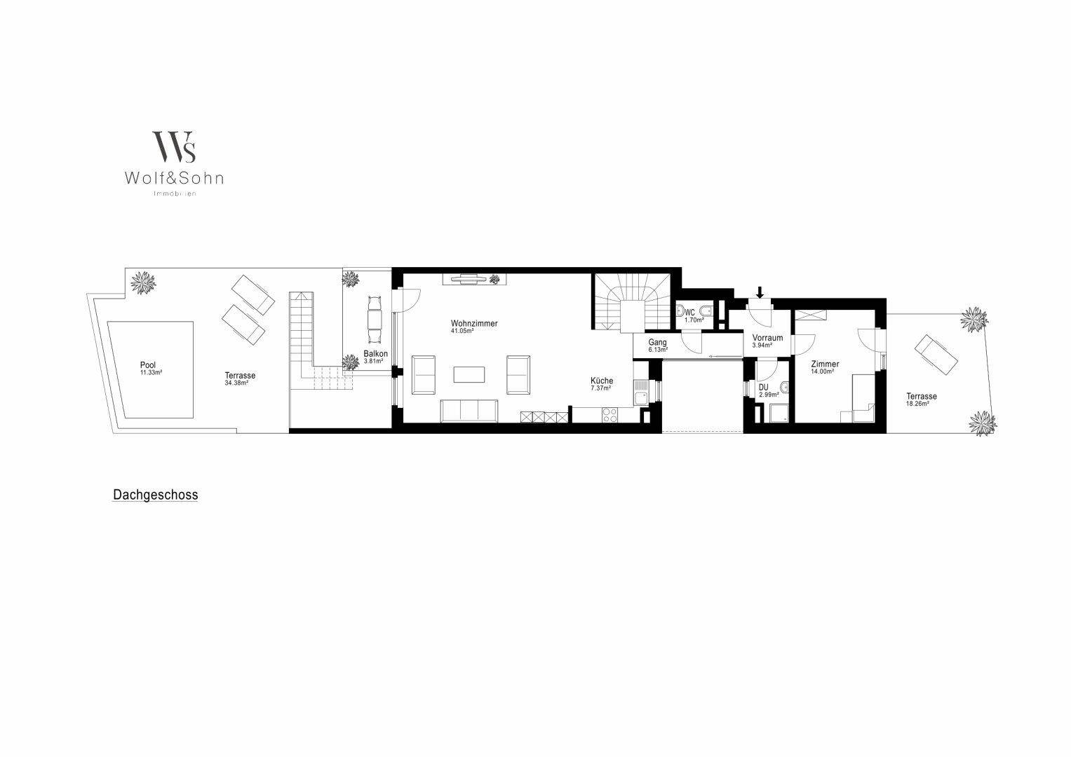 Grundriss des Dachgeschosses mit Wohnzimmer, Küche, Pool und Terrassen.