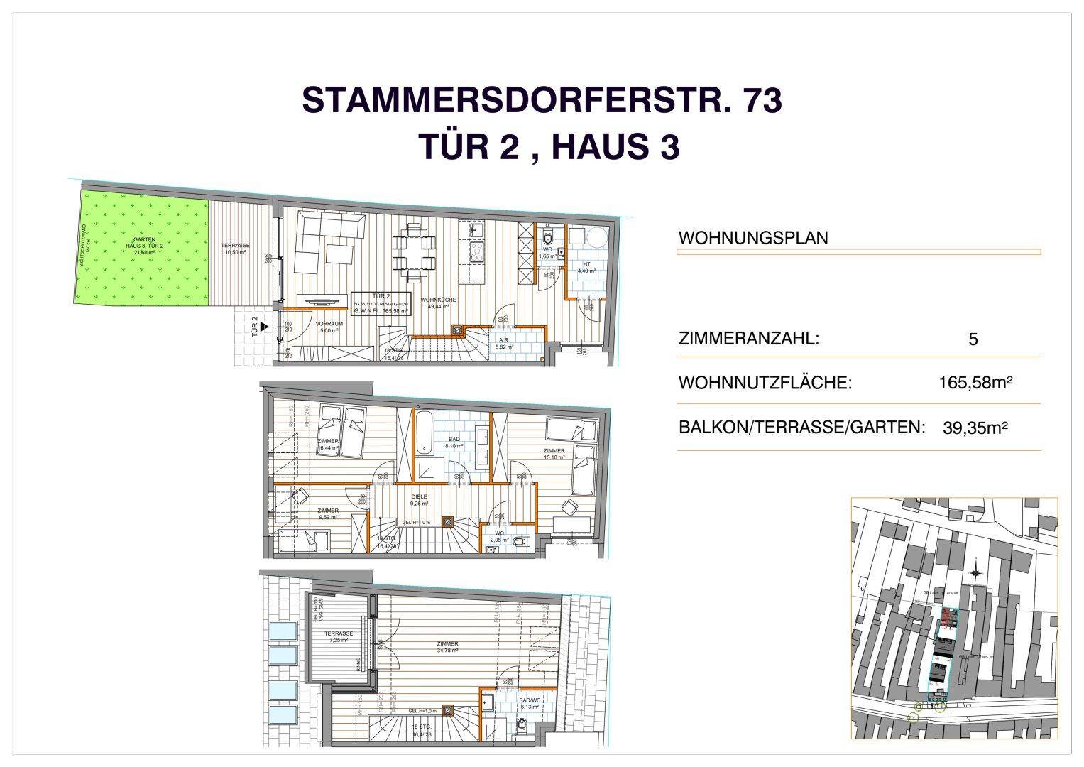 Detaillierter Wohnungsplan über mehrere Etagen mit Garten und Balkon.