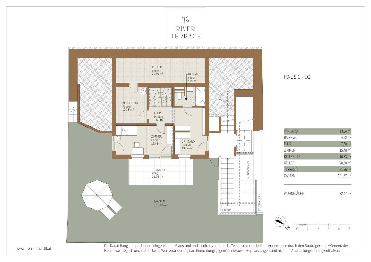 Grundriss des Erdgeschosses mit Garten, Terrasse, Keller und Bad.