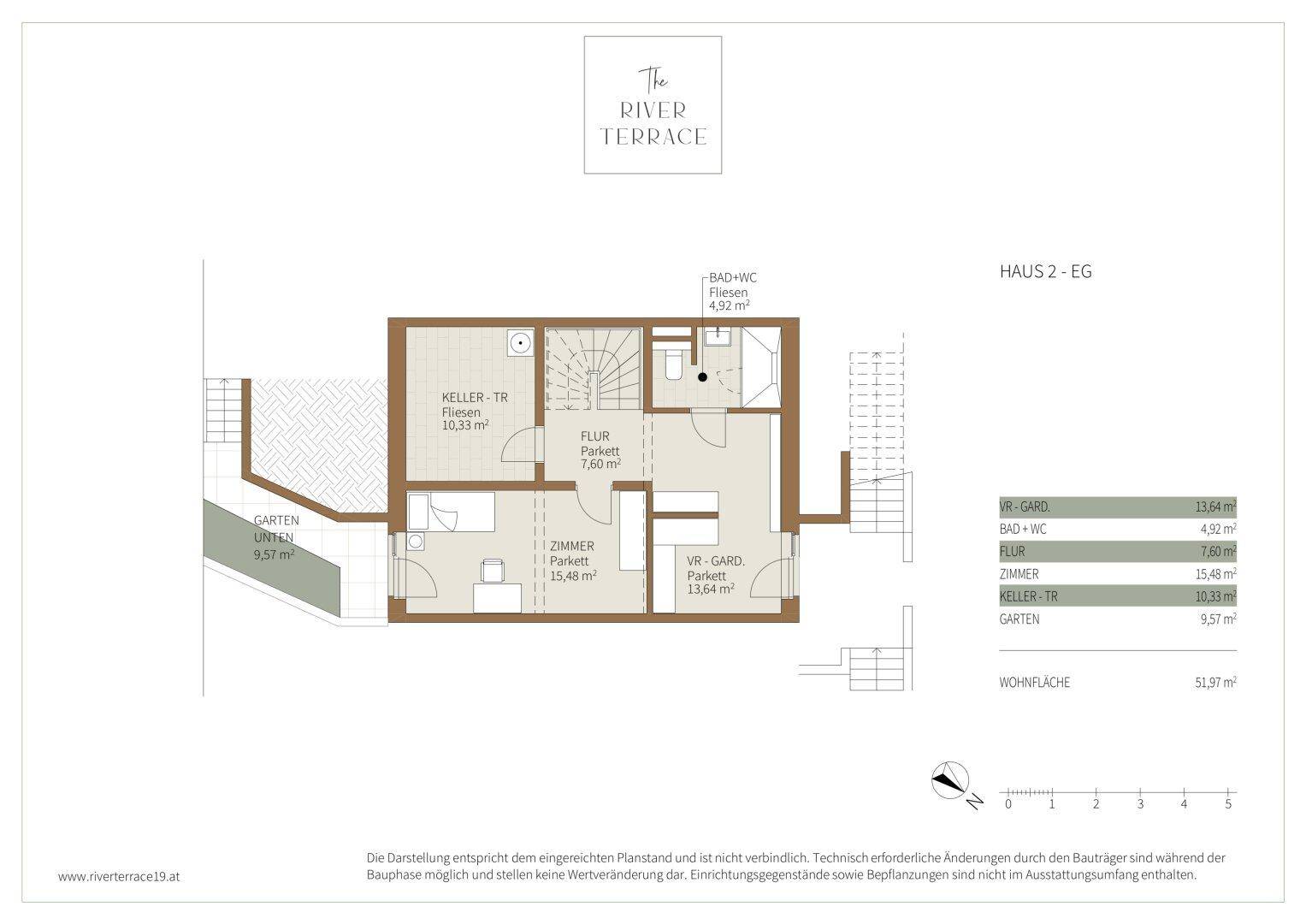 Grundriss des Erdgeschosses von Haus 2 mit Garten, Kellerabteil und einem Zimmer.