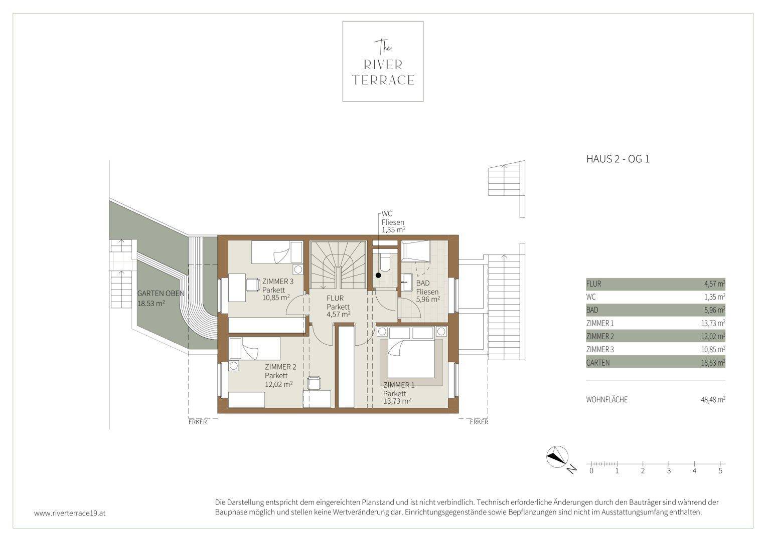 Grundriss des ersten Obergeschosses von Haus 2 mit drei Schlafzimmern und zwei Bädern.
