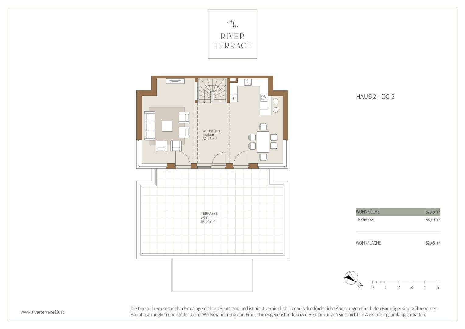 Grundriss des zweiten Obergeschosses von Haus 2 mit großer Wohnküche und weitläufiger Terrasse.