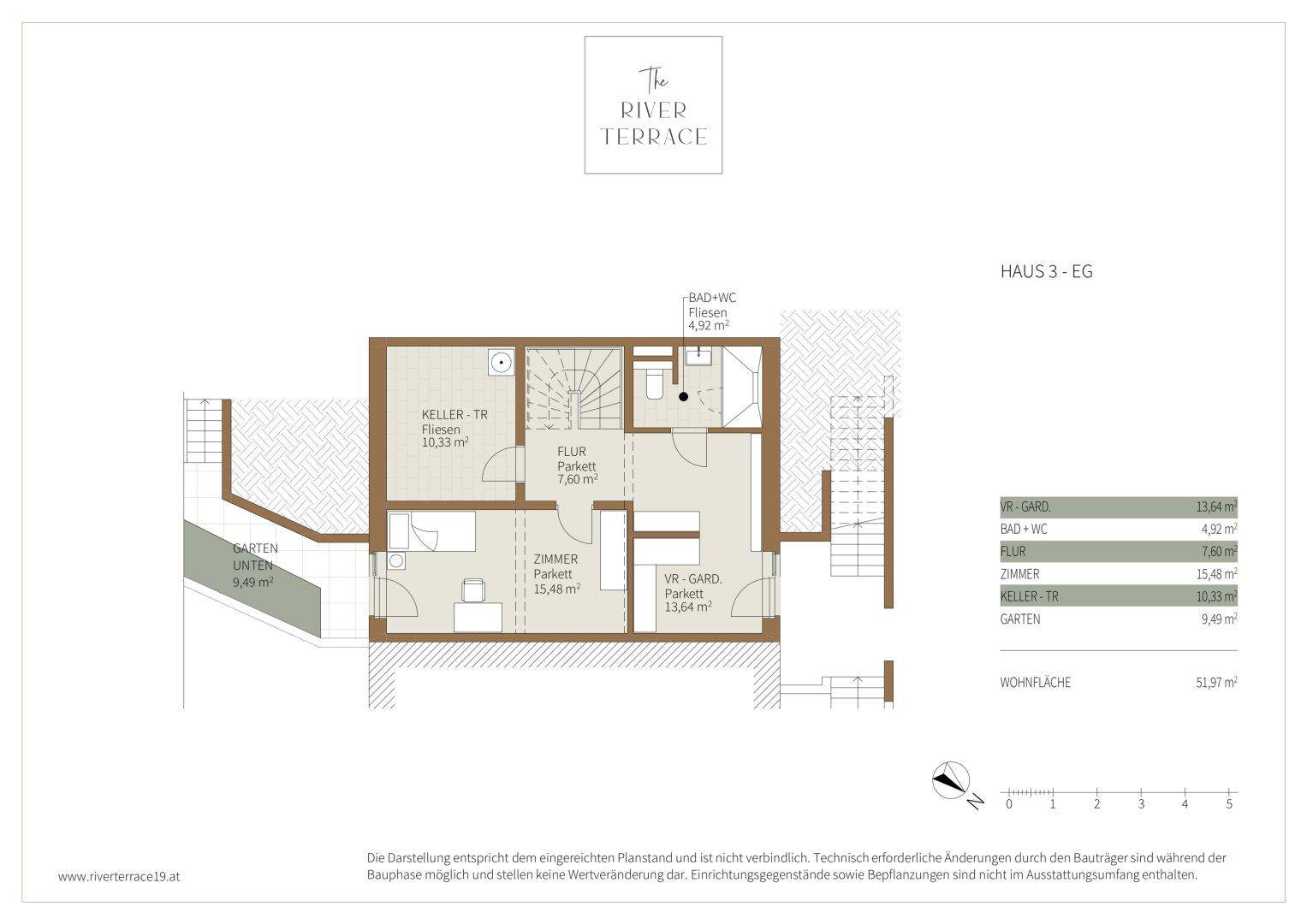 Grundriss des Erdgeschosses von Haus 3 mit Keller, Flur, Zimmer und Bad.