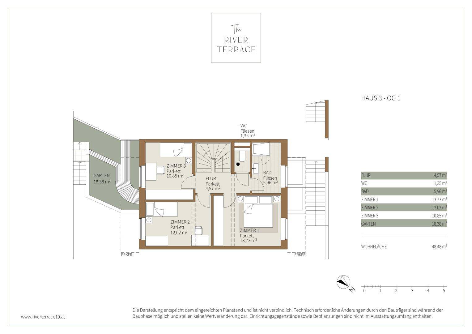 Grundriss des ersten Obergeschosses von Haus 3 mit drei Schlafzimmern, Bad und WC.