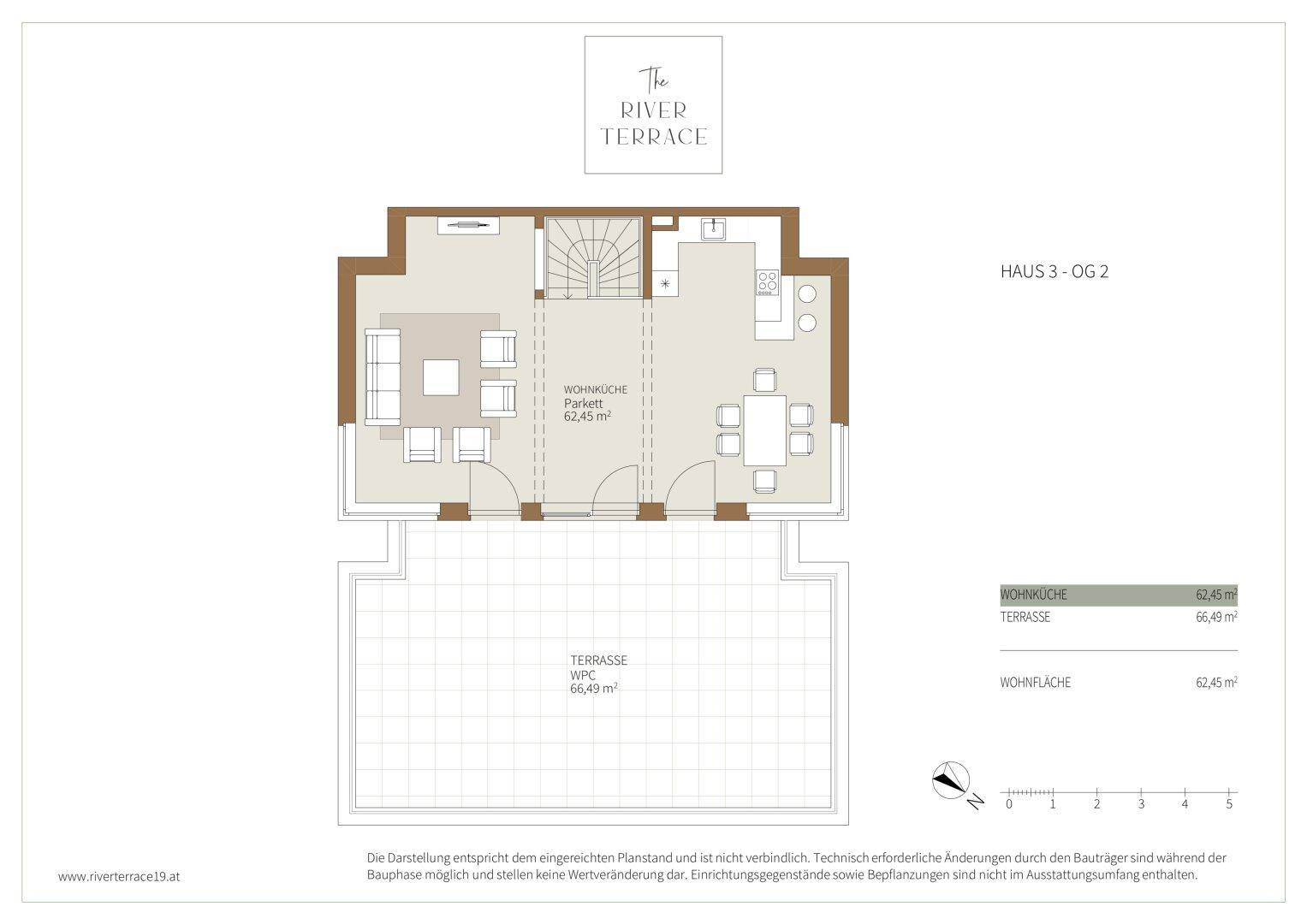 Grundriss des zweiten Obergeschosses von Haus 3 mit offener Wohnküche und großer Terrasse.
